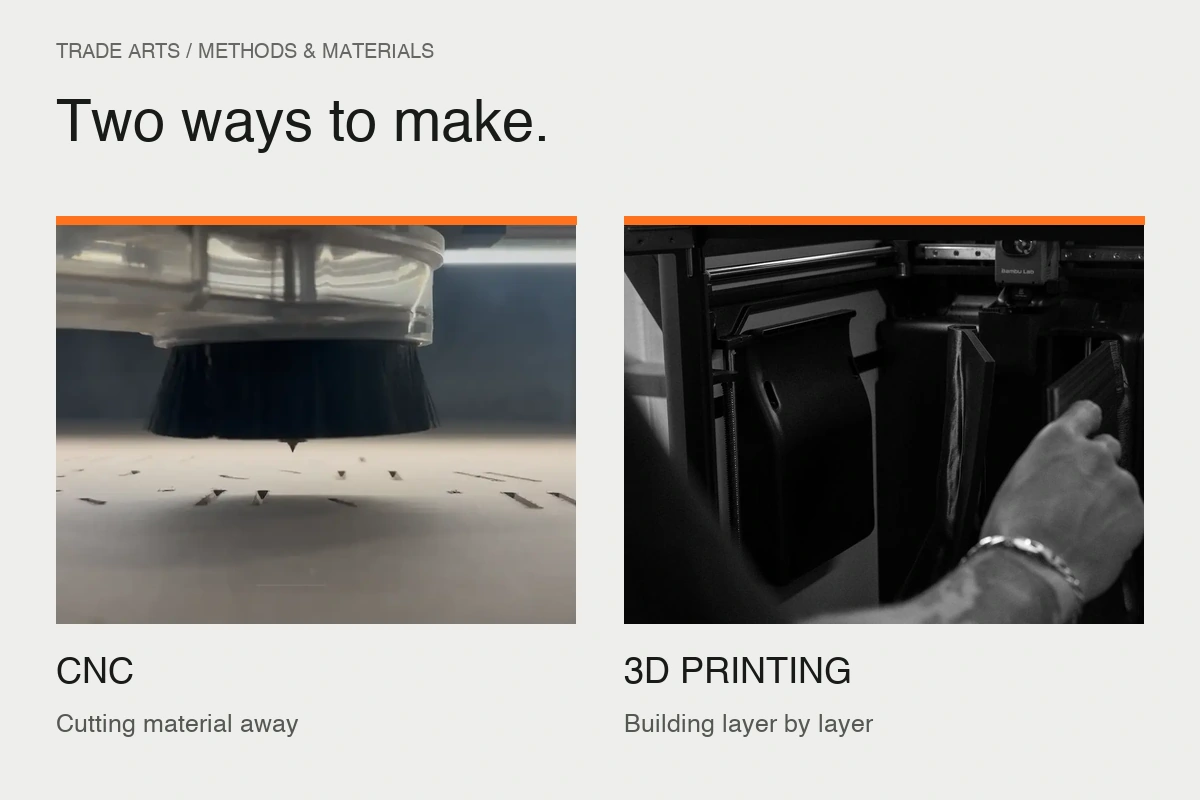 CNC removes material; 3D printing builds layer by layer, shown with existing workshop photographs