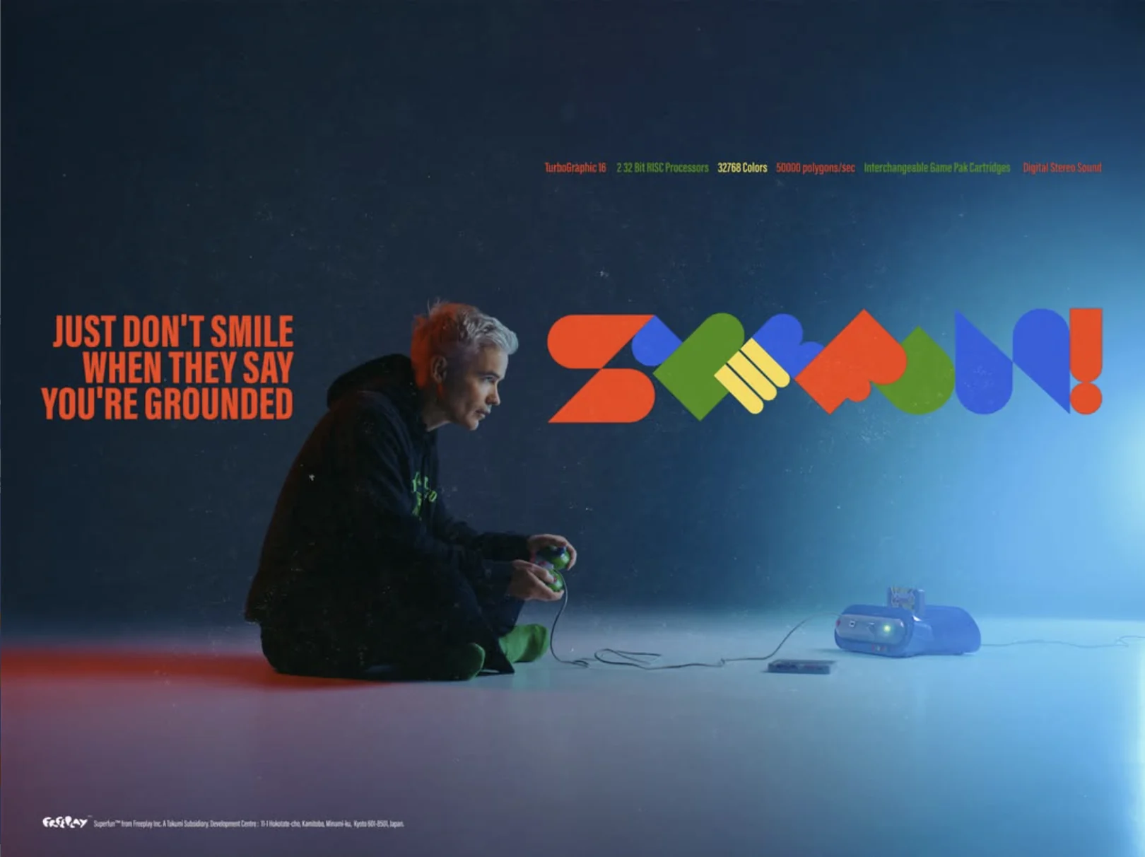 Superfun campaign image with a performer, console prop and colourful title graphics