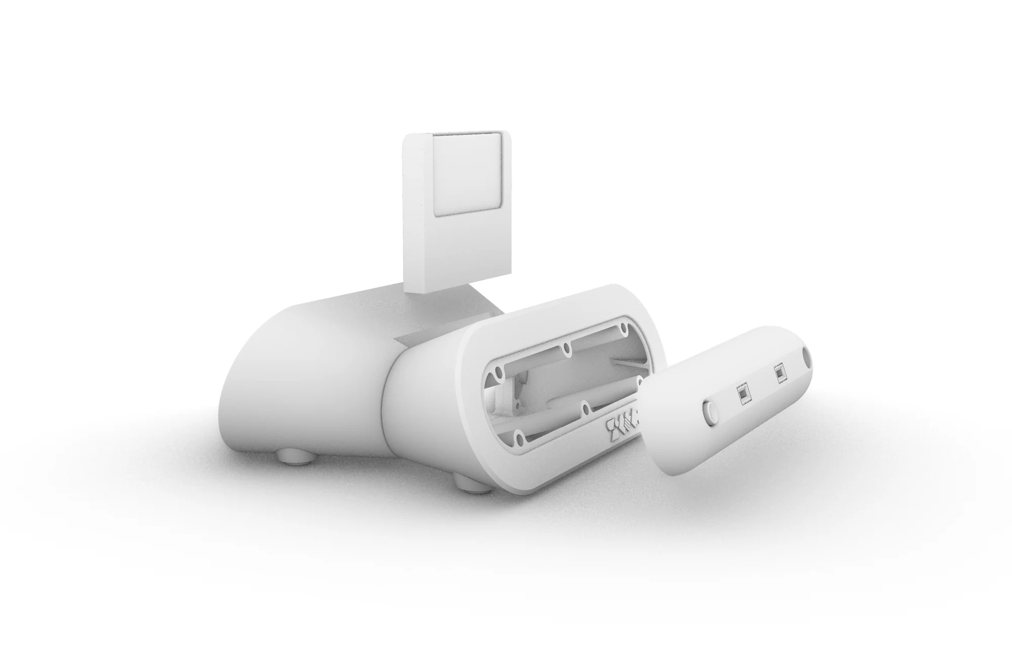 Exploded white 3D model of the Superfun console showing its removable front fascia