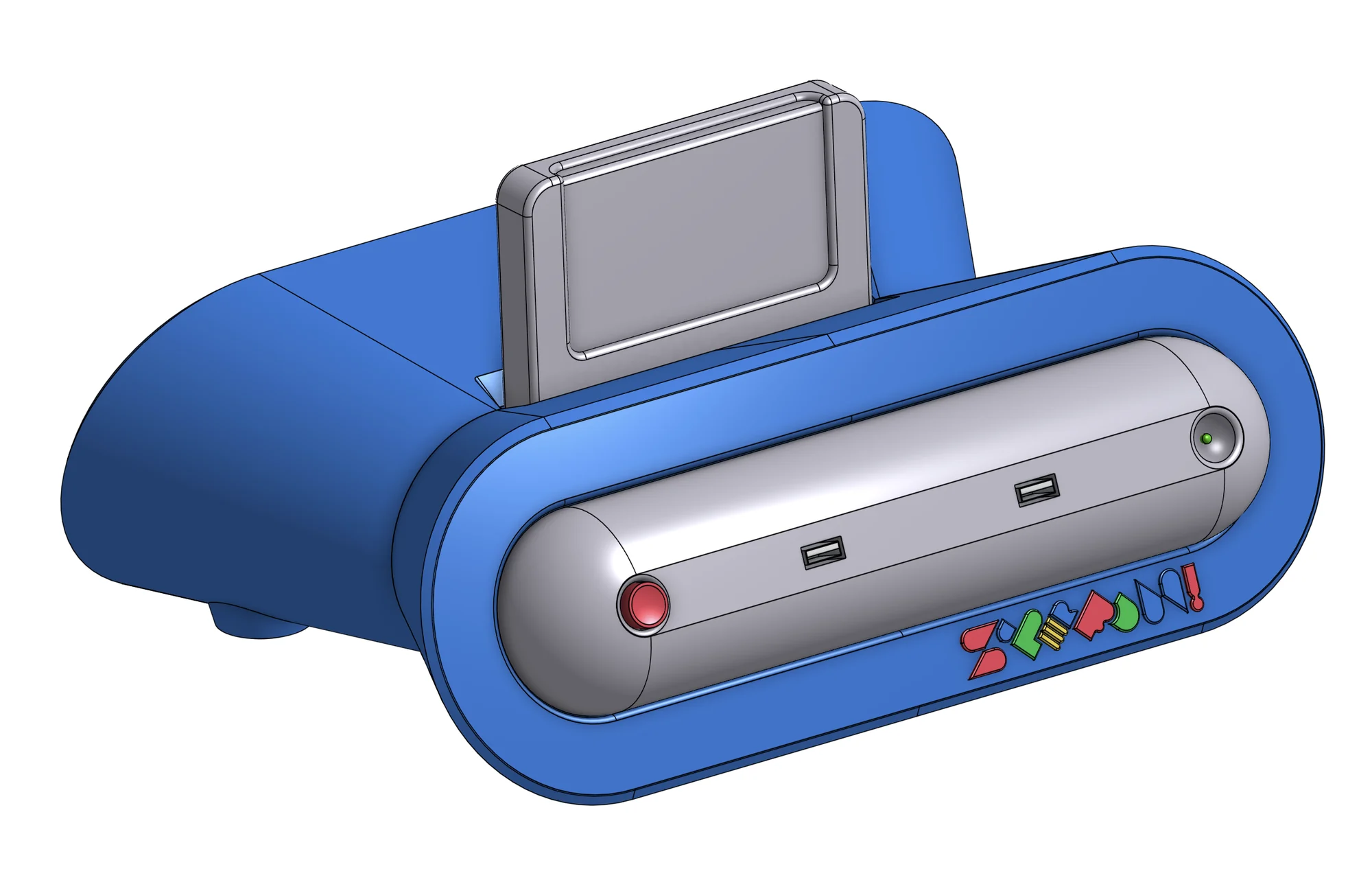 Blue console design render with silver fascia and a cartridge inserted at the top