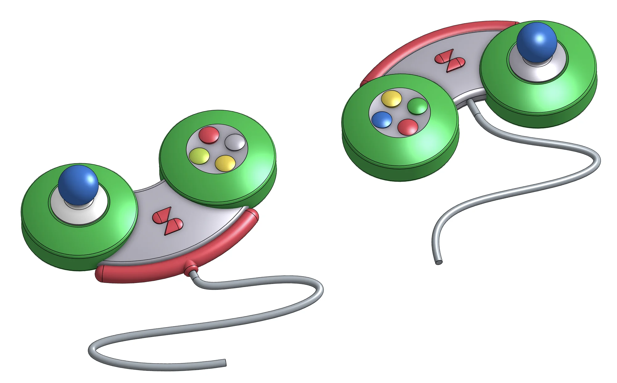 Green and red controller design renders with blue controls and cord placement options
