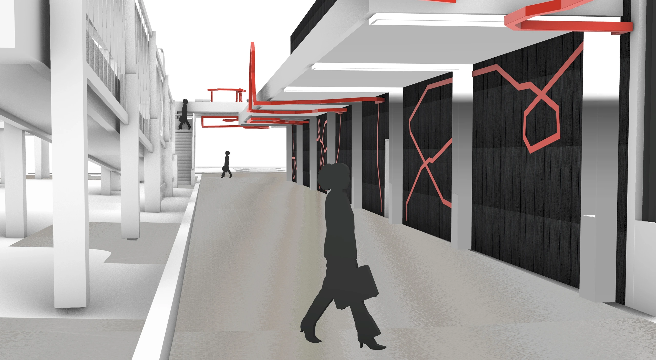 Concept render: terracotta sculptural line running along the wall and overhead of the Park Avenue walkway, Coffs Harbour — unbuilt Stage 1 concept