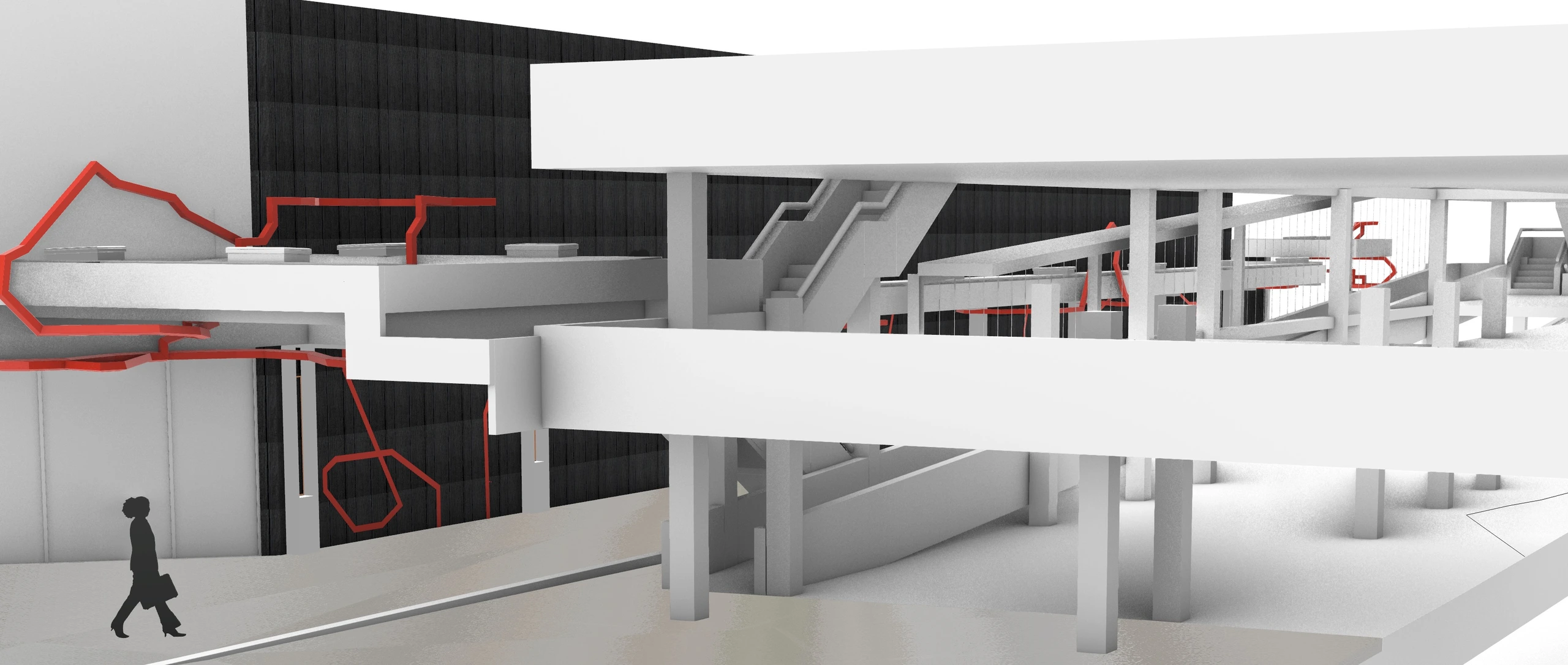 Context concept render showing the terracotta reVITALise sculpture integrated with the walkway canopy.