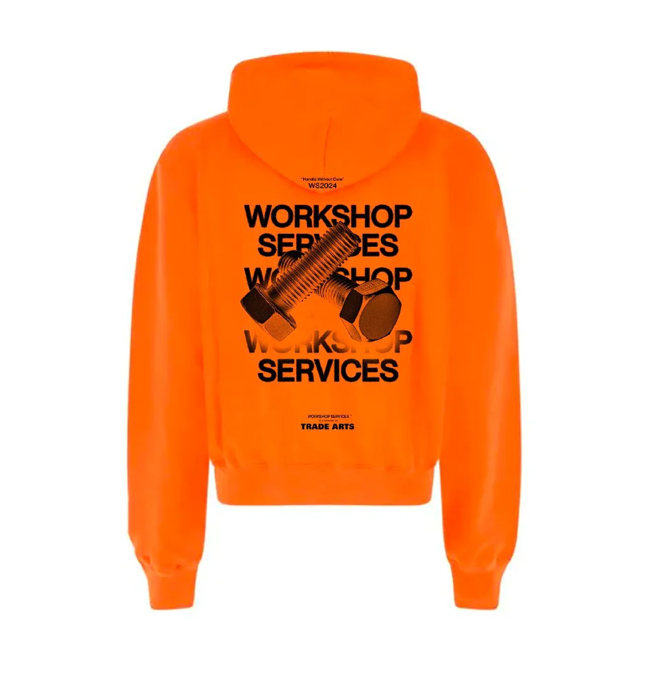 Back of the orange HiVis TA Hoodie with the Workshop Services graphic